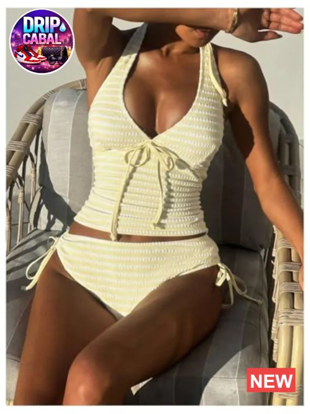 Striped High Waisted Halter 2 Piece Tankini with Removable Padding Soft Stretch